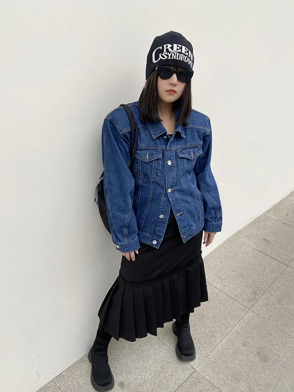 

plus Size Vintage Shoulder Pad Denim Jacket Loose Fit Autumn Winter New Style Women's Casual Fashion Polyester Fiber Coat