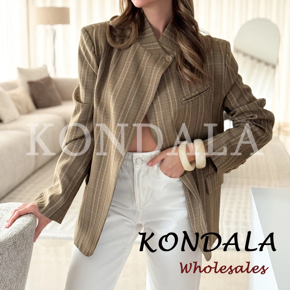 KONDALA Vintage Striped 2026 Office Lady Spring Women Single Button Blazers Loose Chic Coats Streetwear Female Elegant Jacket