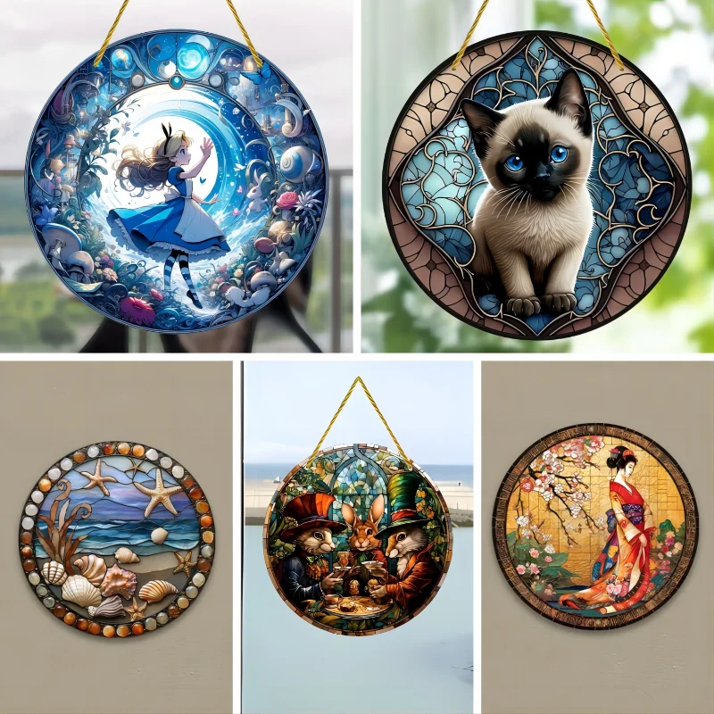 Girl Cat Printed Stained Suncatcher Window Hanging Ornaments Home Wall Garden Corridor Vintage Decor Acrylic Pendant Diy Gift