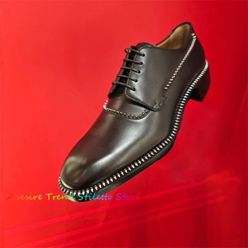 

Black Studded Leather Oxford Men Shoes Small Square Toe Spikes Decor Slip On Luxury Handmade Designer Party Evening Shoes