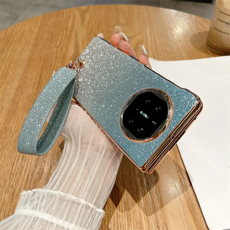 For Huawei Mate X5 X3 Case Fashion Electroplated Bling Glitter Shiny Wrist Strap Folding Shockproof Protective Hard Back Cover