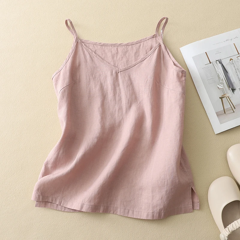 Loose Cotton Linen Women's Tank Top V-Neck Sleeveless Summer Outerwear Base Shirt Pure Color Artistic Style Casual Wear
