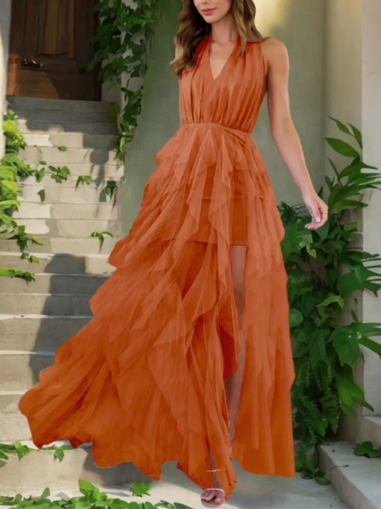 

Sexy Hot Girl-style Lace-up V-neck Irregular Mesh Dress Women's Sleeveless Mid-waist Elegant Banquet Party Split Dresses