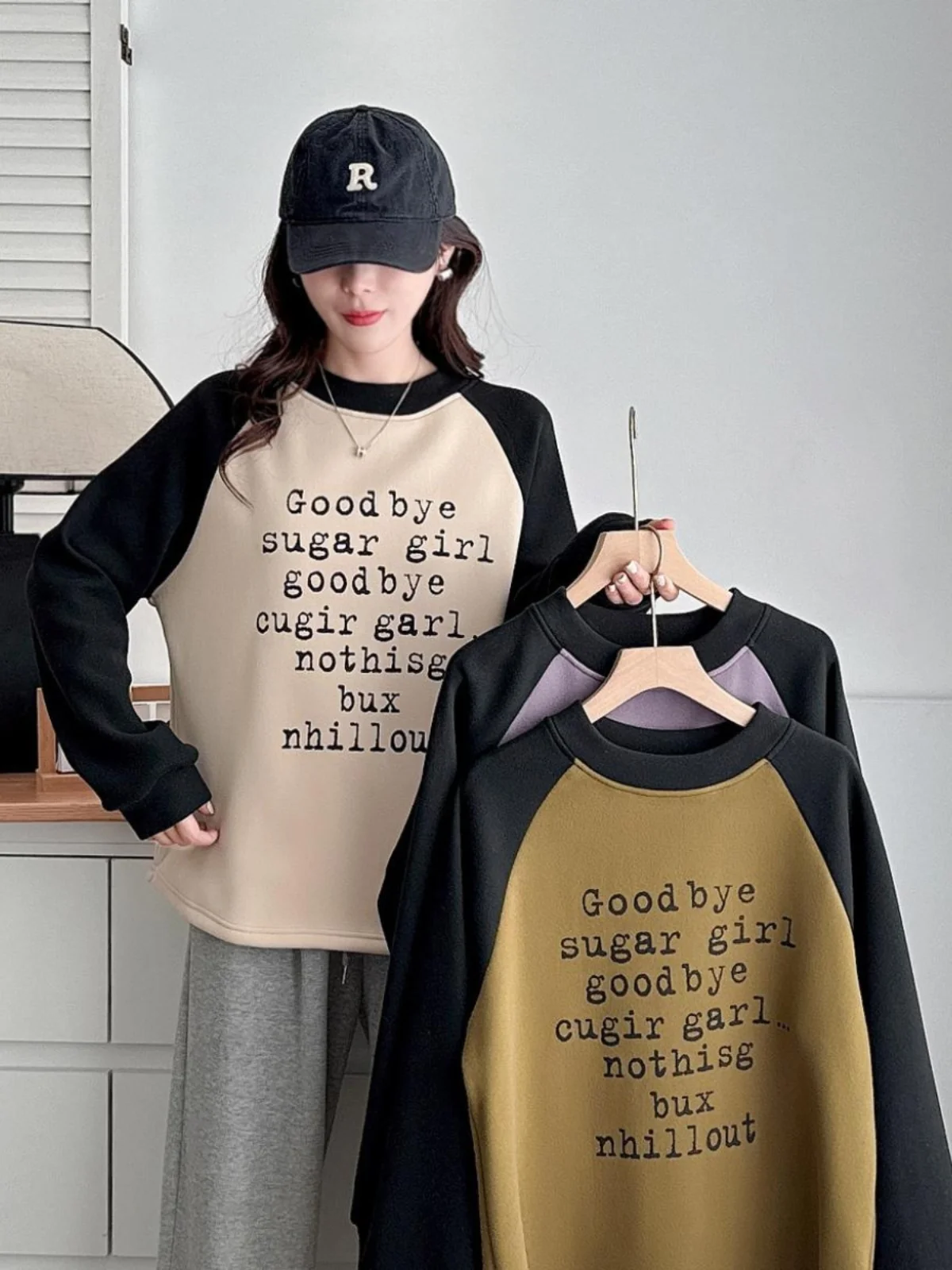 Thickened Fleece Hoodie Women's round Neck Letter Print Oversized Bottoming Shirt Winter New Style Korean Style Long Sleeve