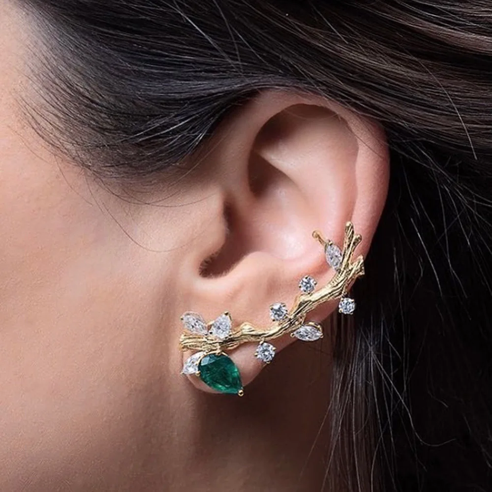 Huitan neues Design Zweig Clip Ohrringe Ohr Piercing Temperament Ohrringe für Frauen grün/weiß cz Modeschmuck Großhandel