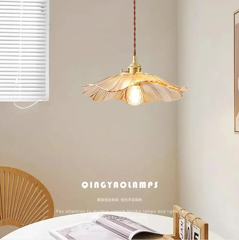 

New Simple Retro Brass Glass Pendant Lights Warm Light Indoor Bedroom Bedside Dining Room Living Room Decoration Chandelier HOT