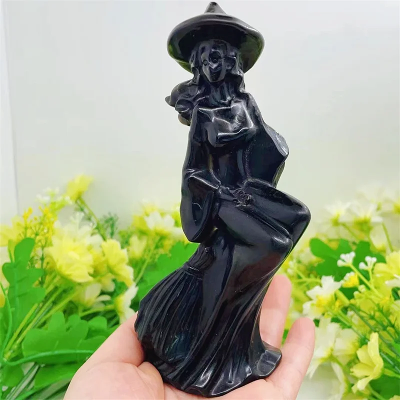 Natural Black Obsidian Magic Witch Figurine Crafts, Healing Crystals, Carving, Halloween Gift, Home Decoration, 14.5cm, 1Pc