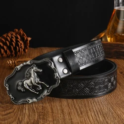 3.7cm wide men's and women's Western cow head denim style cow scalp buckle trendy belt smooth buckle pattern printing eye round hole style