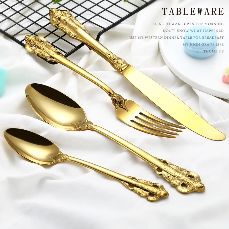 

Golden Stainless Steel Flatware, Steak Knife Fork Set with Spoon, Embossed Cutlery Knife, Decoration Dinner