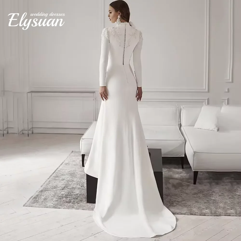 تخصيص مسلم الرقبة العالية يزين فستان زفاف حورية البحر كم طويل الديكور فستان الزفاف زر سويب تراين Vestidos De Novia