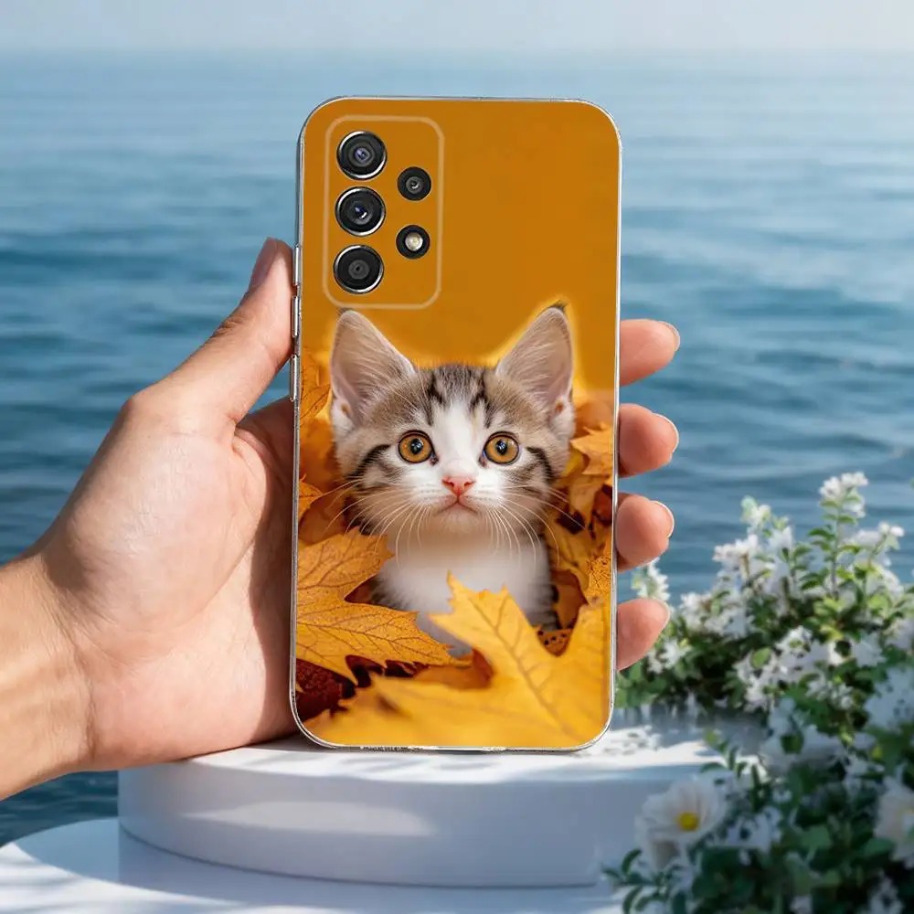 كسول القط في الخريف يترك الهاتف لسامسونج A30,71,51,S20,10,9,Ultra,FE,Lite, S21,23,22,PIus,شفاف,حافظة سيليكون