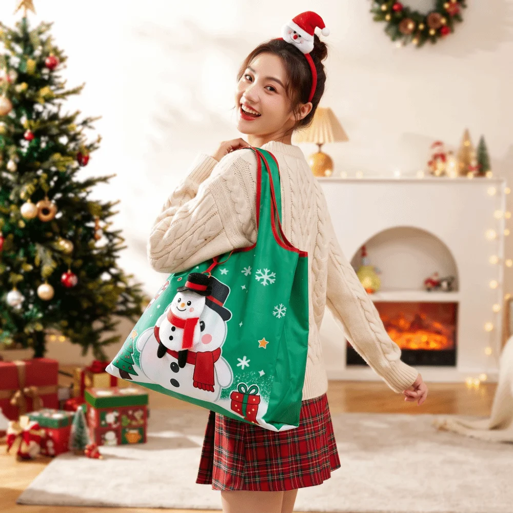 Colorful Christmas Grocery Tote Mini Tear-Resistant Cartoon Pocket Handbag Space-Saving Large Capacity Foldable Shopping Bag
