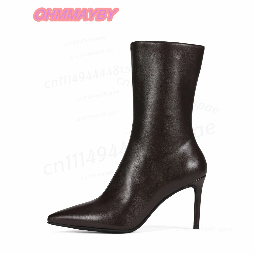 Burgundy Mid Calf Boots for Women Pointed Toe Stiletto Heels Side Zipper Glossy Finish Solid Color Fall Winter Party Dress Shoes
