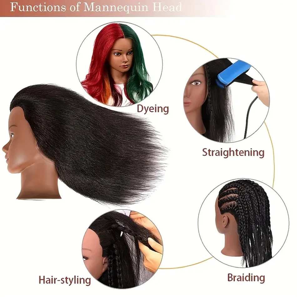 Headdoll Mannequin Head With 100% Real Hair for Cosmetology Manikin 16Inch Black Doll Head For Hairstyle Professional Training image 5