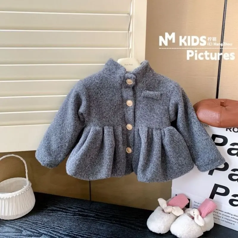 Girls Woolen Coat Autumn Winter 2024 New Female Treasure Winter Foreign Style Retro Woolen Coat Korean Simple Style Top