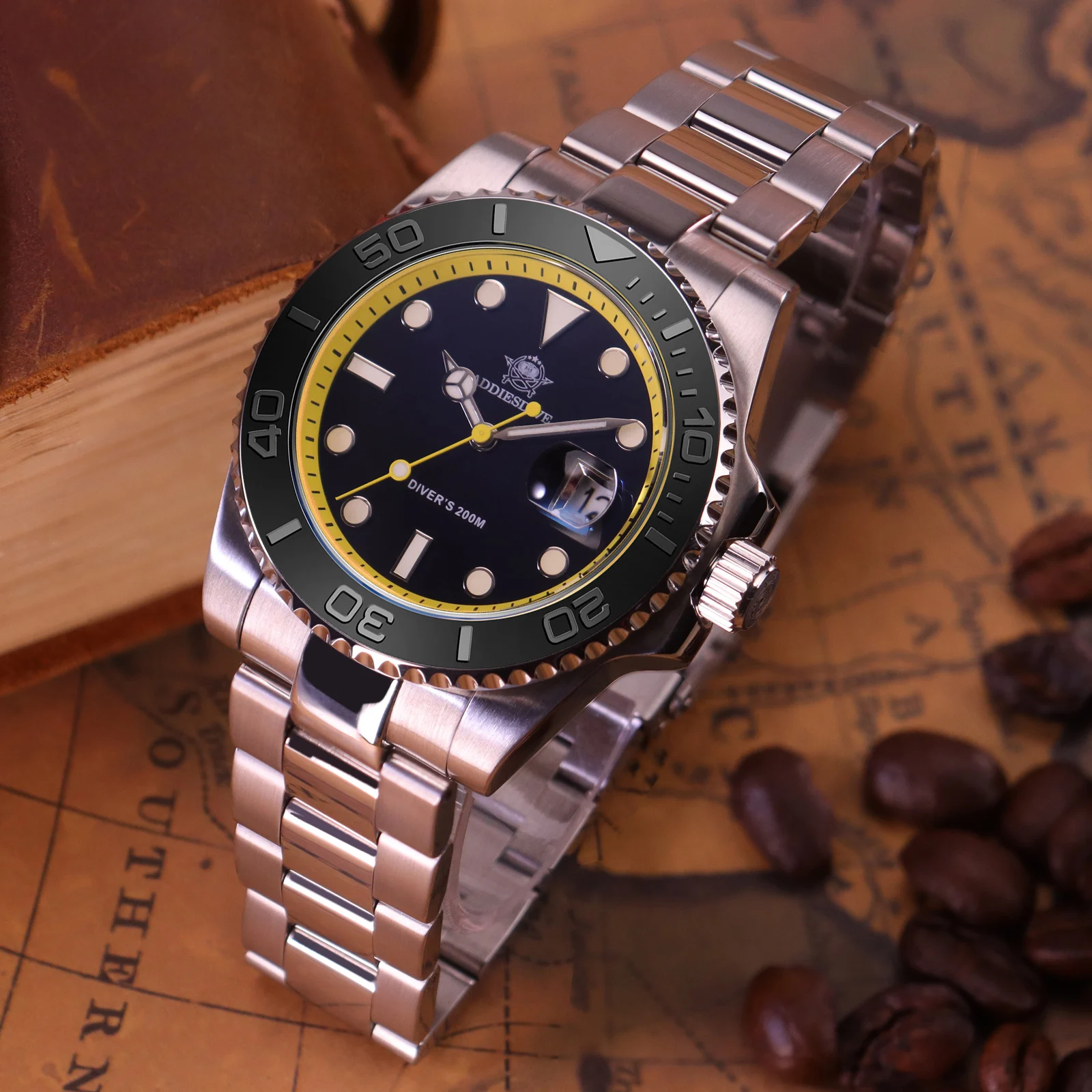 ADDIESDIVE nuevo reloj de cuarzo de buceo de acero inoxidable 200m pantalla de calendario resistente al agua relojes superluminosos para hombres reloj de pulsera AD2040