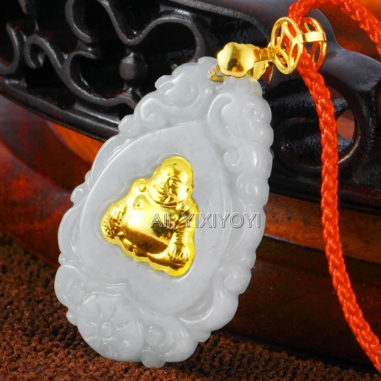 Natural Grade A Jadeite + Solid Gold Chinese Dropping GuanYin Buddha Pairs Amulet Lucky Pendant Necklace Jewelry Certificate