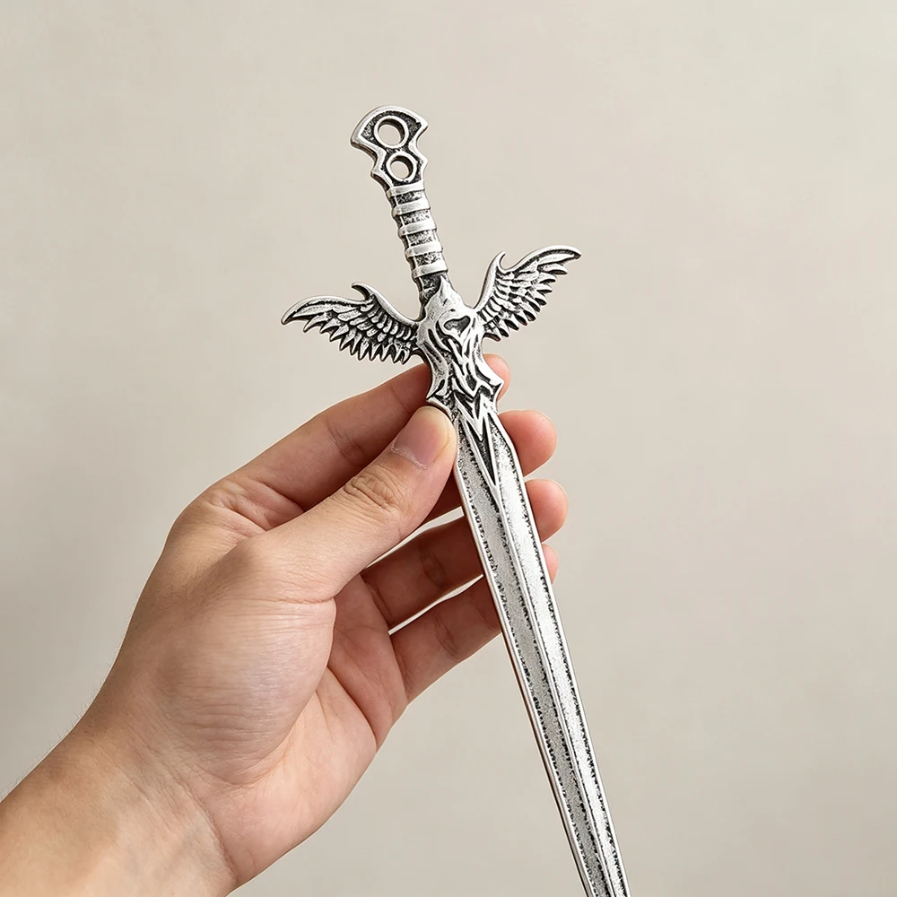 1pc Vintage Silver Winged Sword Hair Stick Gothic Skull Sword Hairpin Medieval Dark Knight Cosplay Halloween Hair Accessories