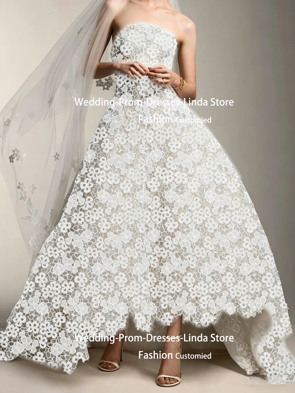 Elegant Strapless Lace Sleeveless Asymmetrical A-Line Bride Wedding Dresses Bridal Gowns Customized