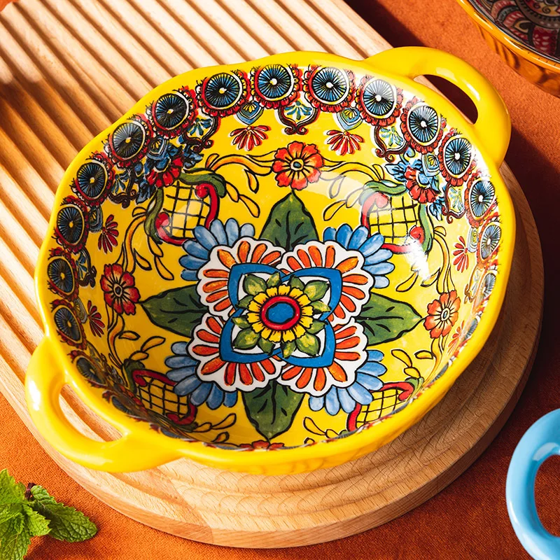 Creative Bohemian Ethnic Style Yellow Green Wave Tree Pattern Flower Hand-painted Underglaze Colored Double Ear Ceramic Bowl