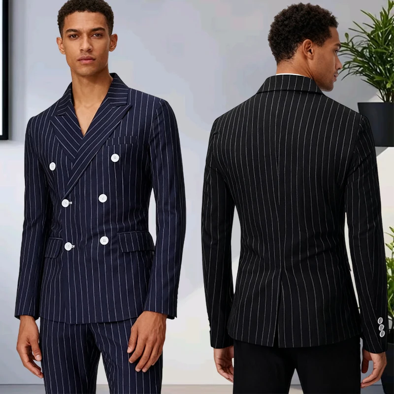 

Men's Suit Coat Striped double breasted Man Jacket Business Casual Slim Fit Groom's Blazer