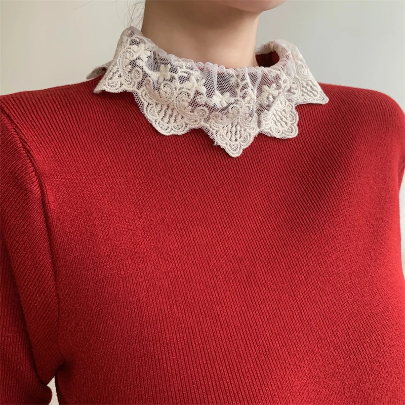 Turtleneck Knitwear Women Sweater Autumn Winter Lace Patchwork Pullover Long Sleeve Korean Casual Bottom Knitted Tops