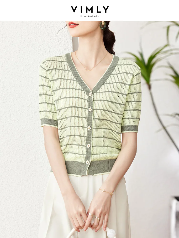 Vimly Summer Green Striped Knit Cardigans for Women 2023 Contrast V-Neck Short Sleeve Straight Knitted Tops New In Thin Knitwear