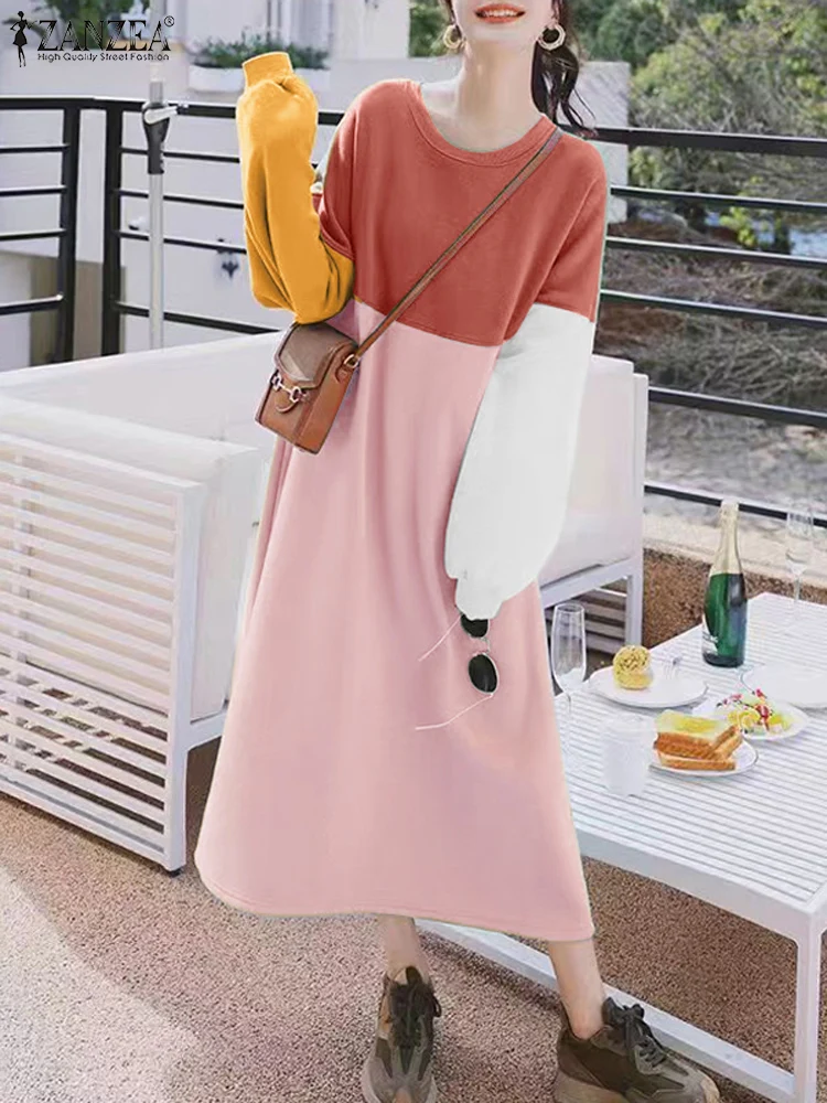 Zanzea feminino colorblock vestido com capuz 2024 outono em torno do pescoço vestidos moda férias pulôver robe casual vestidos de manga longa