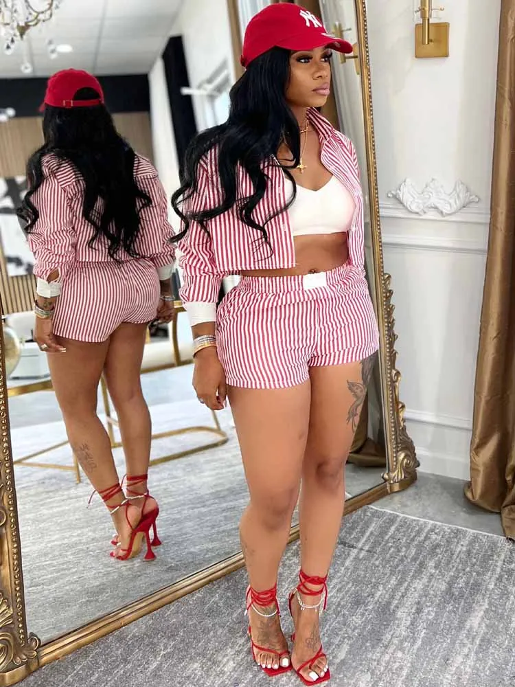 

BKQU модная полосатая блузка, женский комплект, укороченная рубашка с длинными рукавами, топы и шорты, комплект из двух предметов, повседневный спортивный костюм для женщин