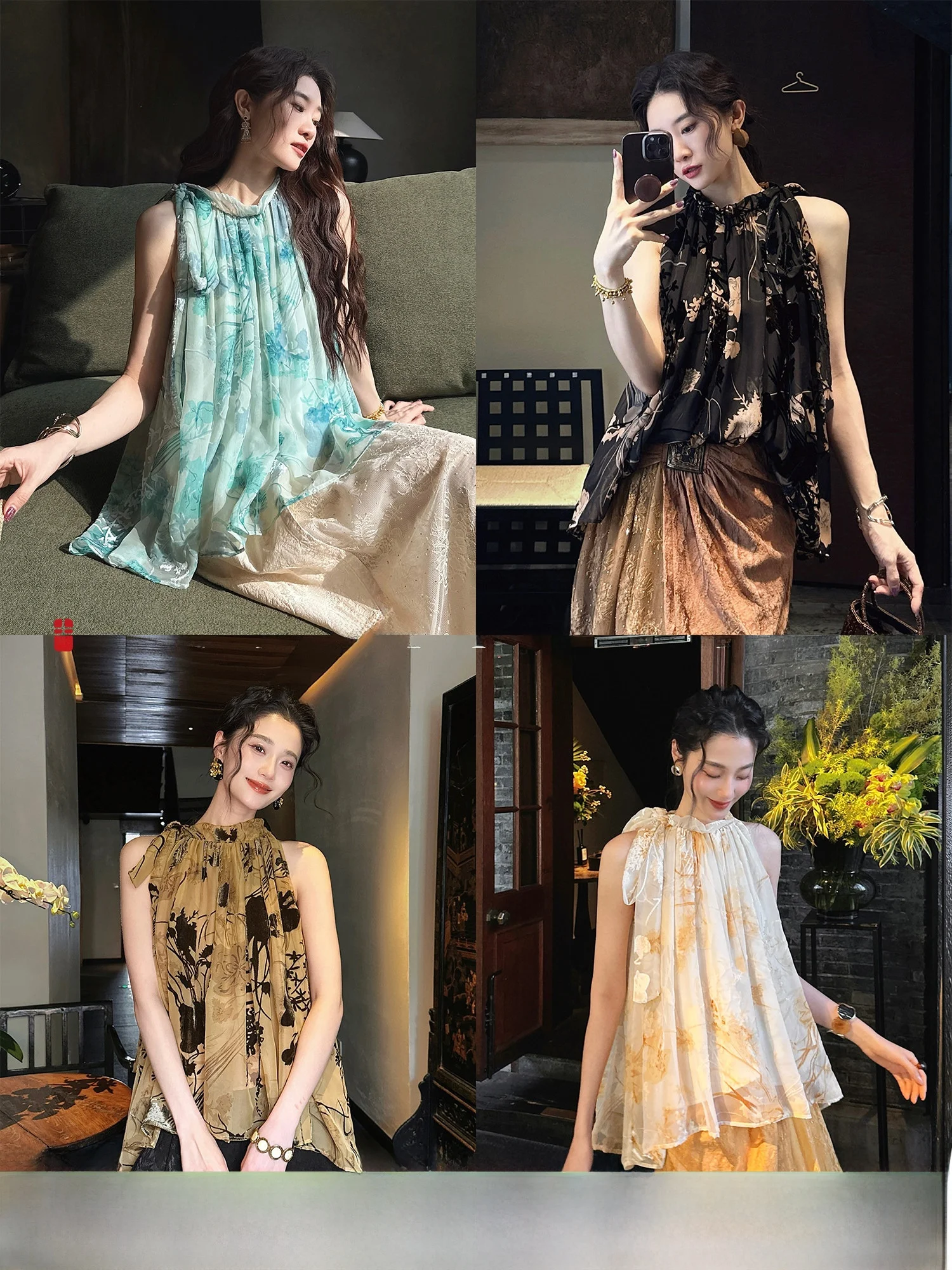 

New 2026 Three Good Black Flower Velvet Ruffle Shirt Women's Sleeveless Hanging Neck Top Chinese Style Casual Loose Fit Sunsc...