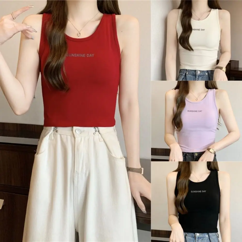 Korean Basic Cotton Skinny Vest Letter Sleeveless Bra with Pads Camisole Streetwear Solid Color Tanks Tops Women Girls