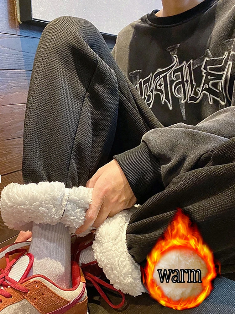 Herbst- und Winter-Fleece-gefütterte, dicke Waffelhose für Damen und Herren, lässige sportliche lange Hose, lockere Jogginghose mit geradem Bein und weitem Bein