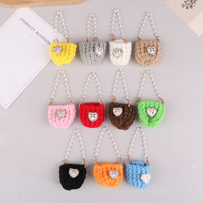 1/12 Doll Mini Knitted Shoulder Bag Pearl Chain Crossbody Bag Doll Dress UP Accessories For Dollhouse Decoration