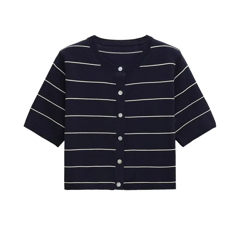 Summer 2025 New Women's Knitted ort Sve round Ne Stripe Jaet Simple Sle Commute Faion Polyester Fiber ort Length