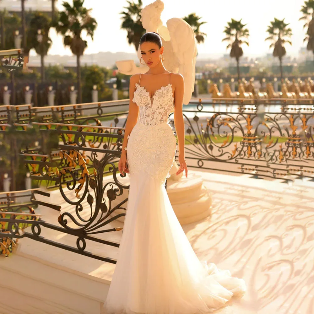 

Exquisite Spaghetti Strap Sleeveless Wedding Dresses Fashion Applique Mermaid Tulle Ruffle Floor Length Marry Dress Customized