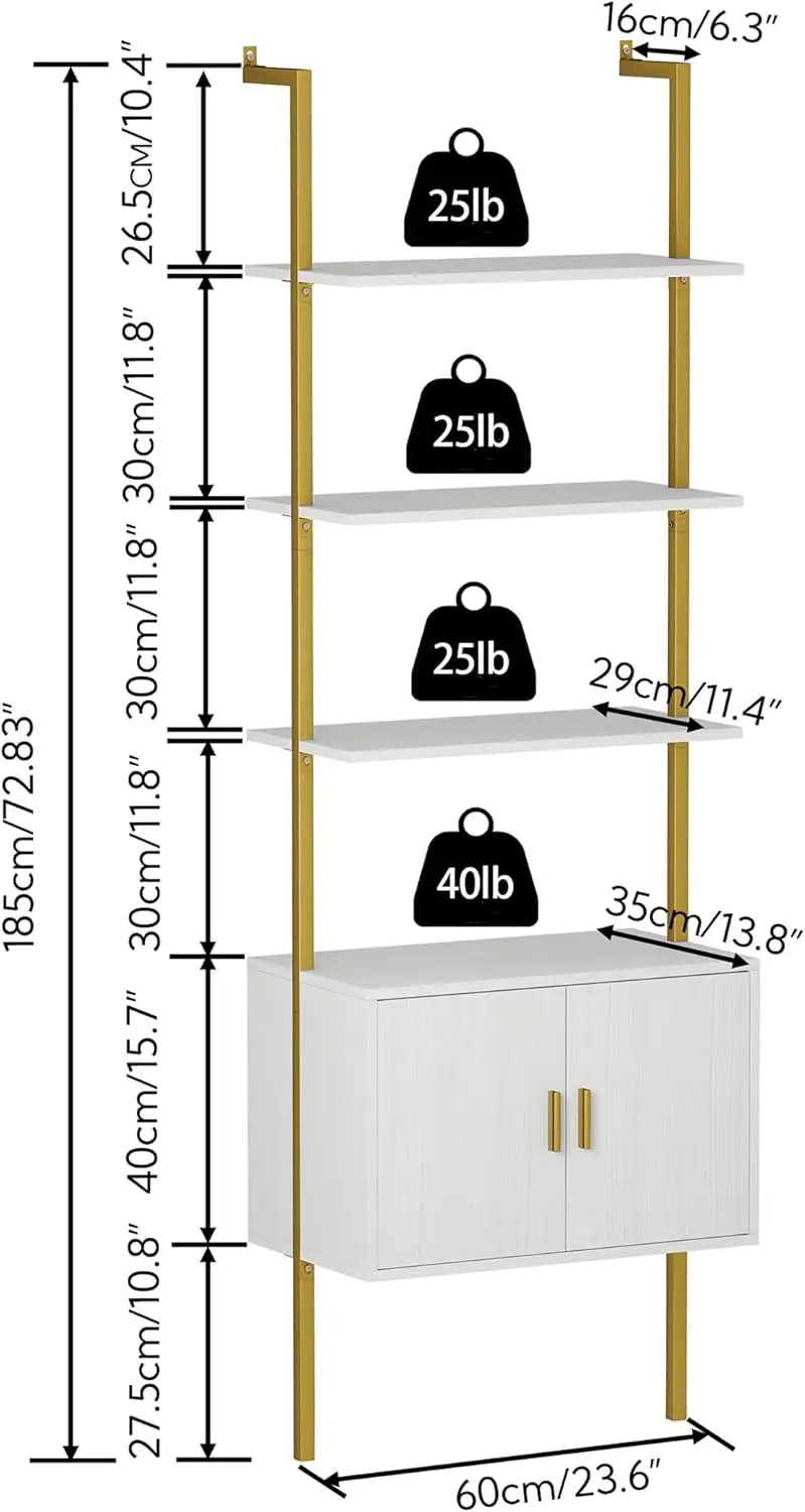 Cabinet, Industrial Ladder Wall Mount Shelf Bookcase with Wood and Metal Frame, Plant Shelf Wall Storage Display for Living Room