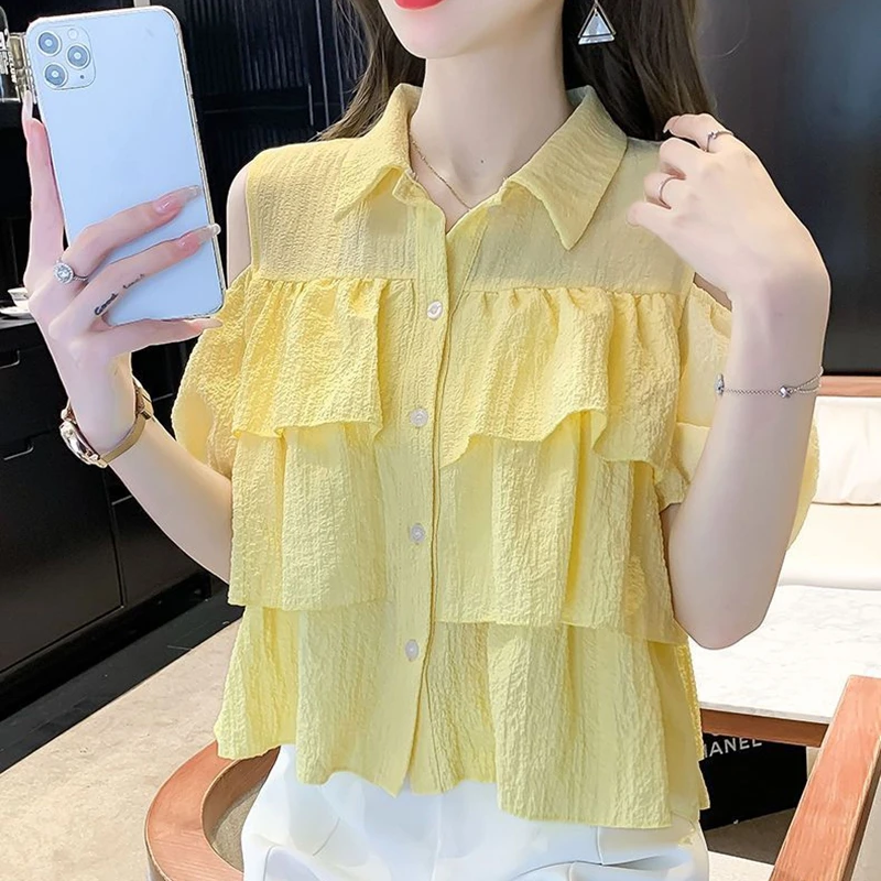Casual Off Shoulder Ruffles White Shirt for Women Short Sleeve Y2k Clothes Chiffon Blouses Sweet Cute Ladies Summer Crop Tops - view 3