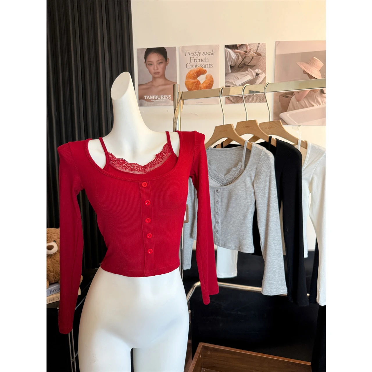 Spicy Girl Lace Patchwork Short Sleeve Long Sleeve Women's Slim Fit Inner Wear T-Shirt with Chest Pad Fake Two-Piece Top