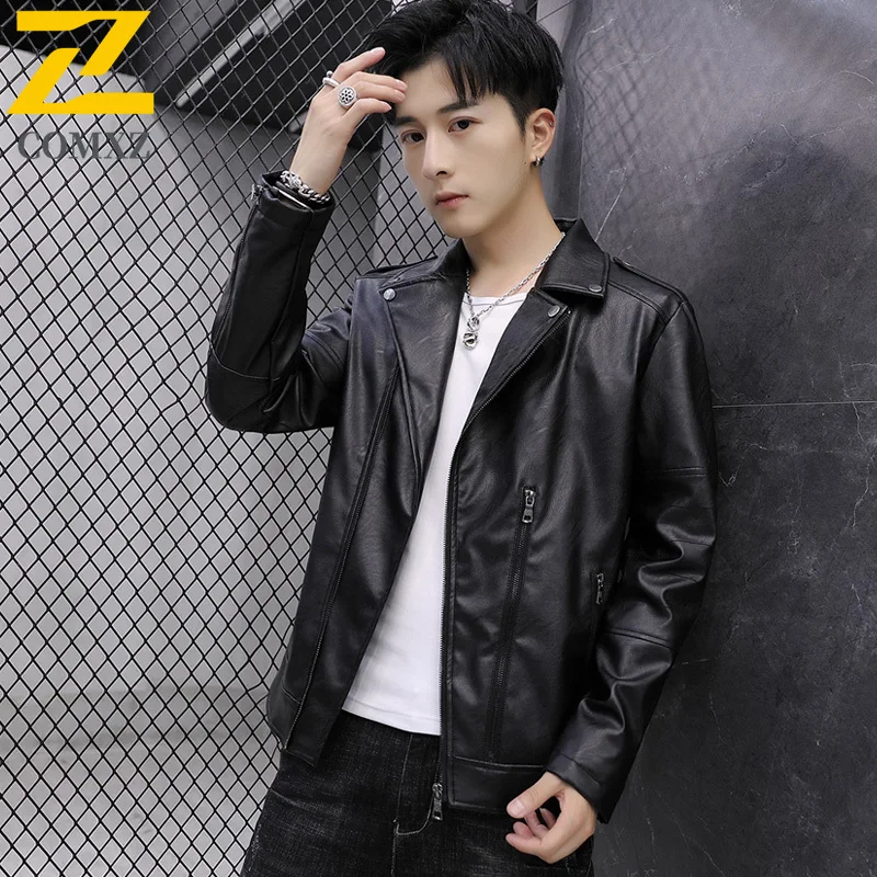 

Men Business Casual Jacket Korean Style Notch Lapel Motorcycle Coat Spring Autumn Slim Fit PU Leather Outdoor Sports Outerwear