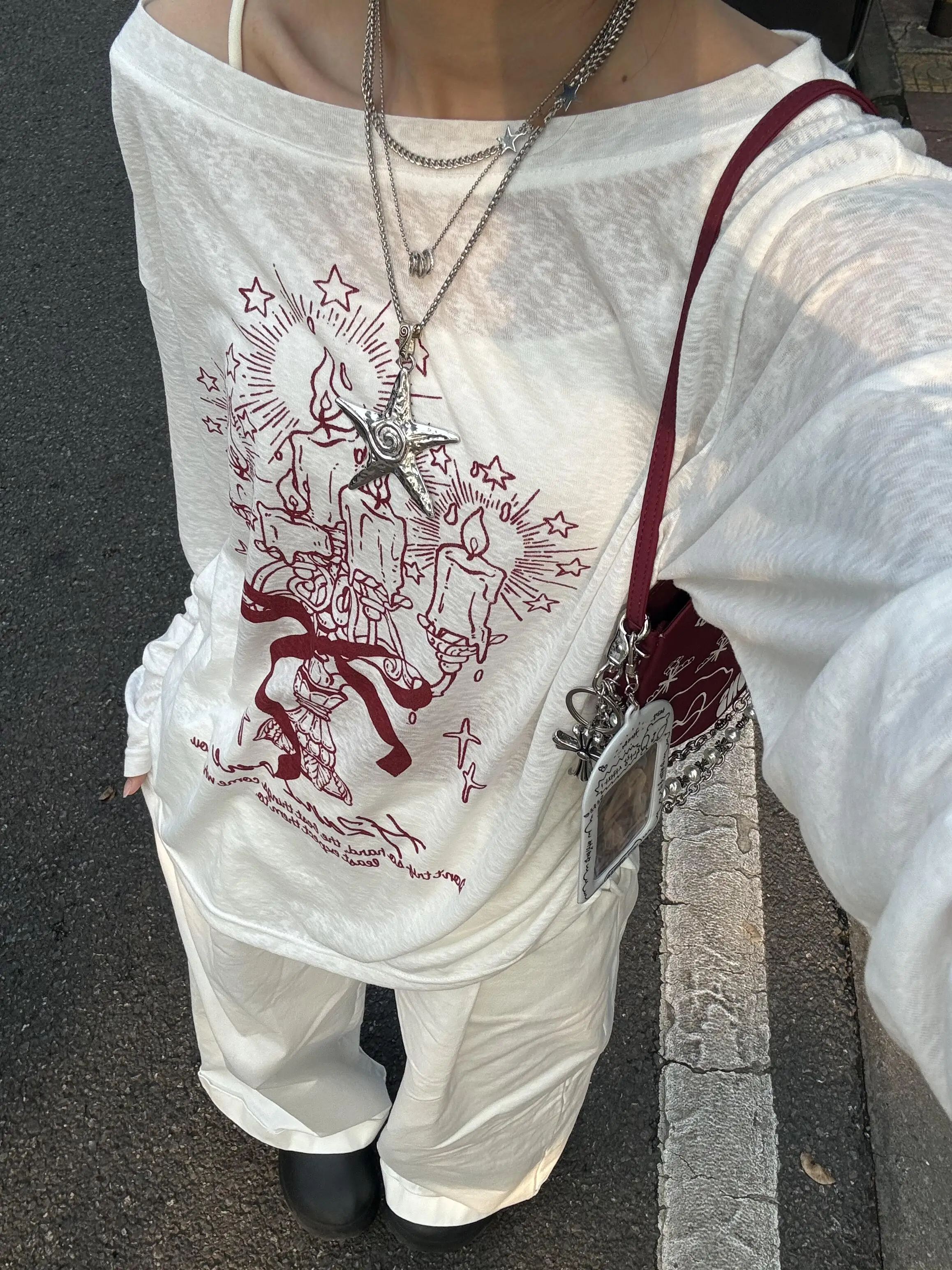 American Graffiti Print Long Sleeve T-Shirt Women's Spring Summer New White Thin Sun Protection Loose Top Tees