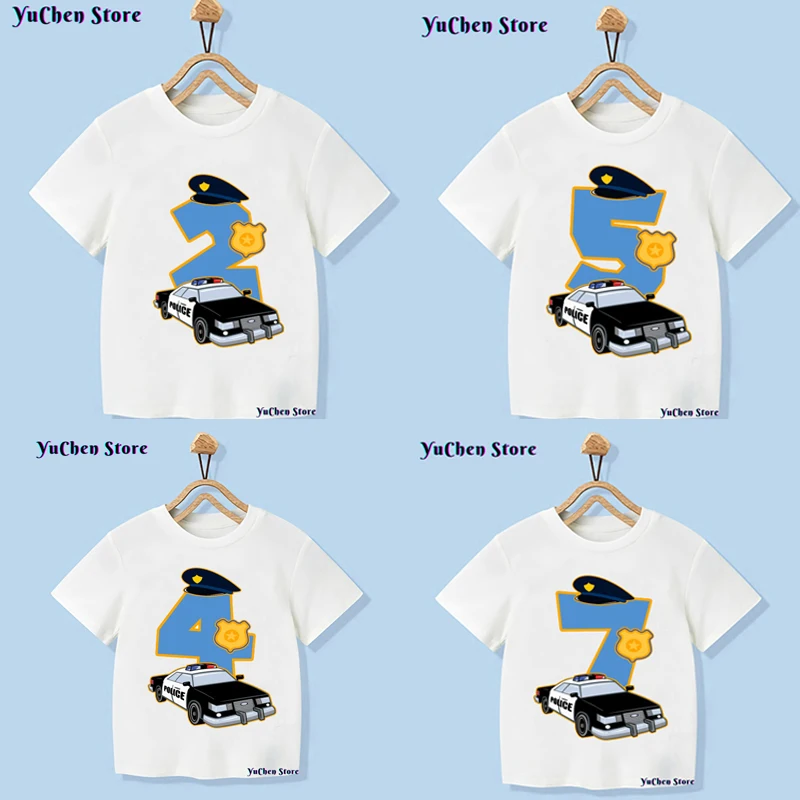 Policeman 1-9 Birthday Number Print T Shirt Children Police Car Birthday Boy T-shirts Boy&Girl Funny Gift Tshirt Present outfit