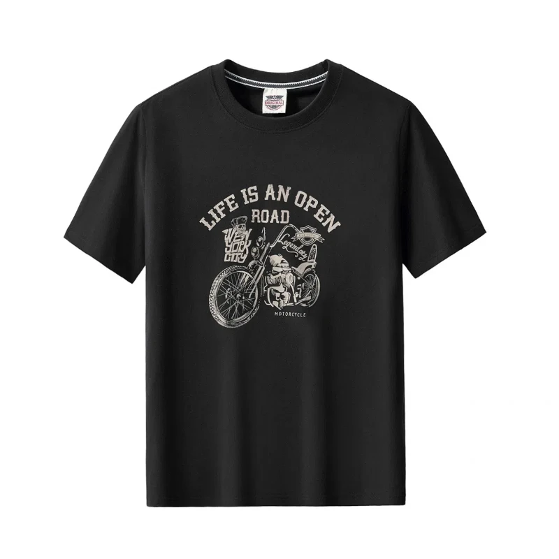 

Summer American vintage cotton short sleeve T-shirt men's large size breathable motorcycle print half sleeve T-shirt