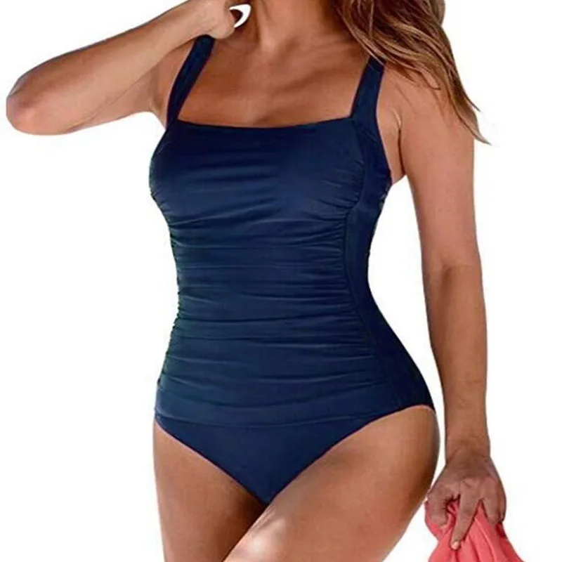 New Explosive European and American Sexy Solid Color Pleated Women One-piece Swimsuit Swimsuit