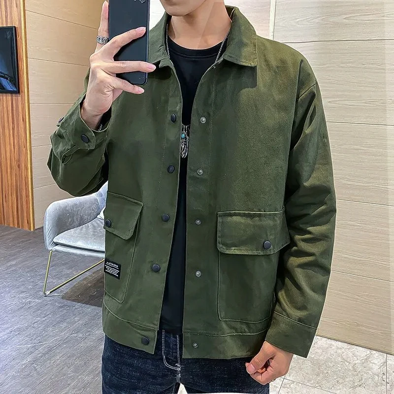 

Men's Bomber Jacket Casual Long Sleeves Tops Korean Fashion Pocket Chaquetas Hombre Autumn Clothes Turndown Collar Male Coat