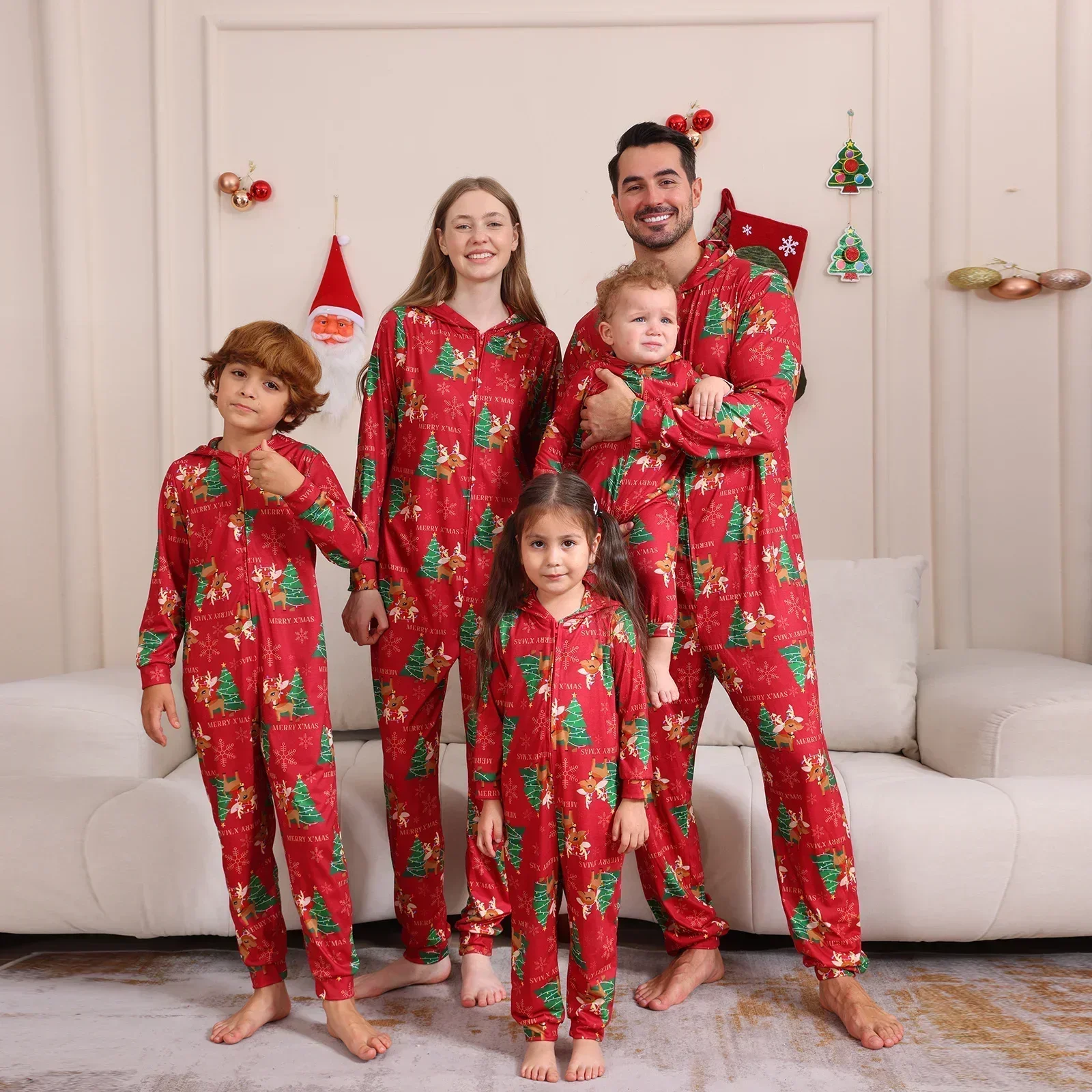 

2026 New Christmas Family Look Onesie Pajamas Print One-piece Jumpsuit Adults Kids Matching Pyjamas Cute Zipper Hooded Romper