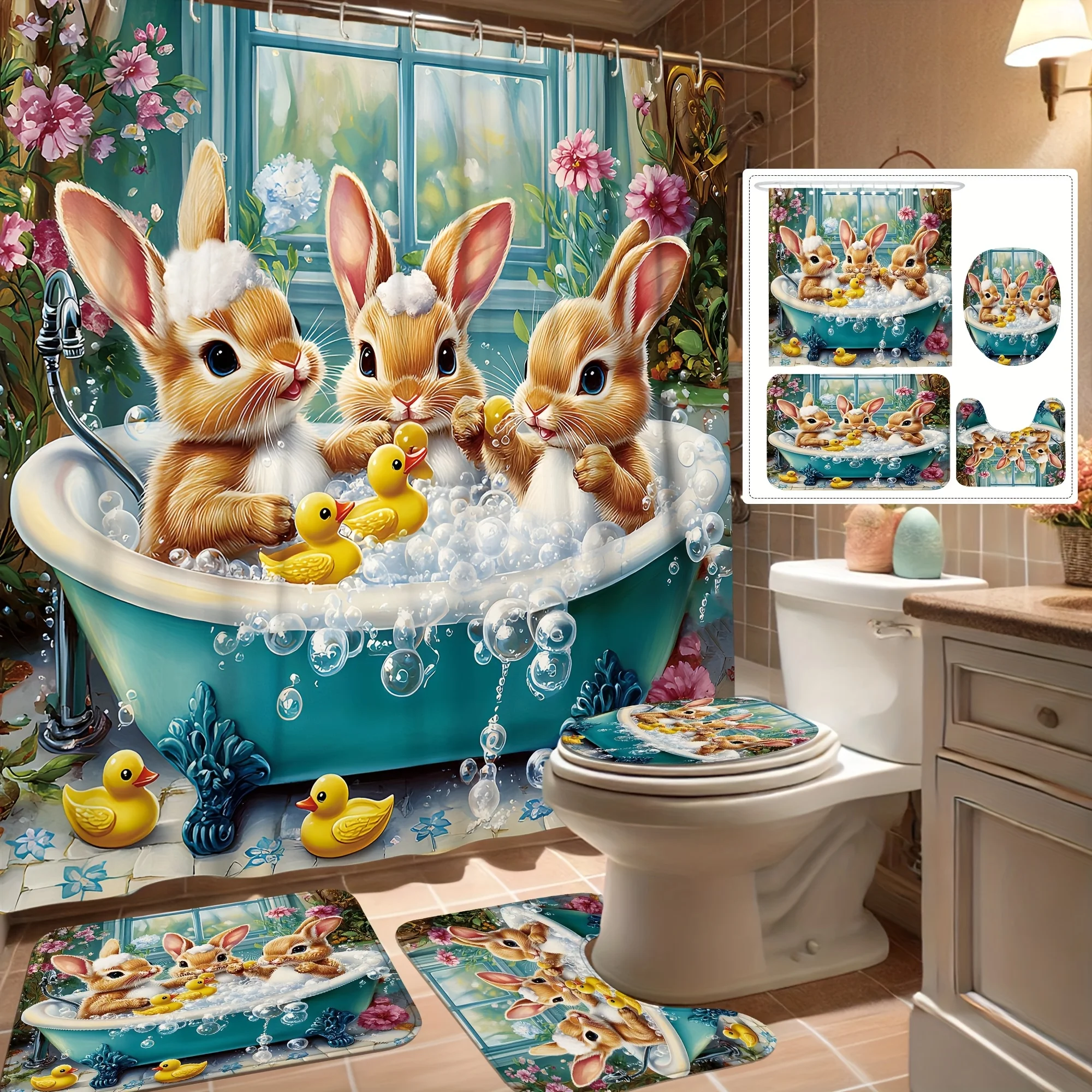 

Набор из четырех предметов для ванной комнаты Charming Bunny — очаровательная водонепроницаемая занавеска для душа для полного набора для ванной комнаты
