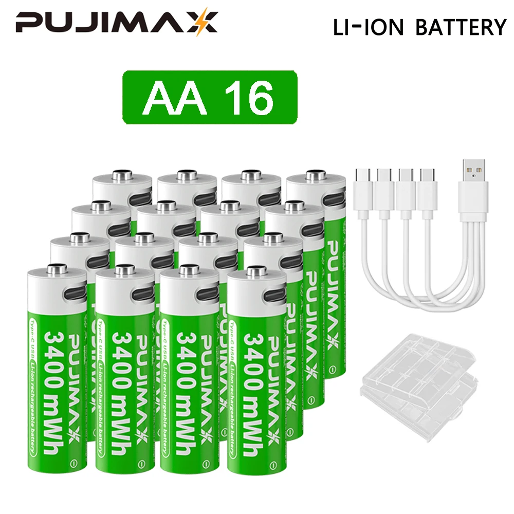 PUJIMAX 1,5 V AAA/AA 3400 mWh 1100 mWh oplaadbare batterij USB Type-C oplaadbare Li-ion batterij voor afstandsbediening elektrisch speelgoed