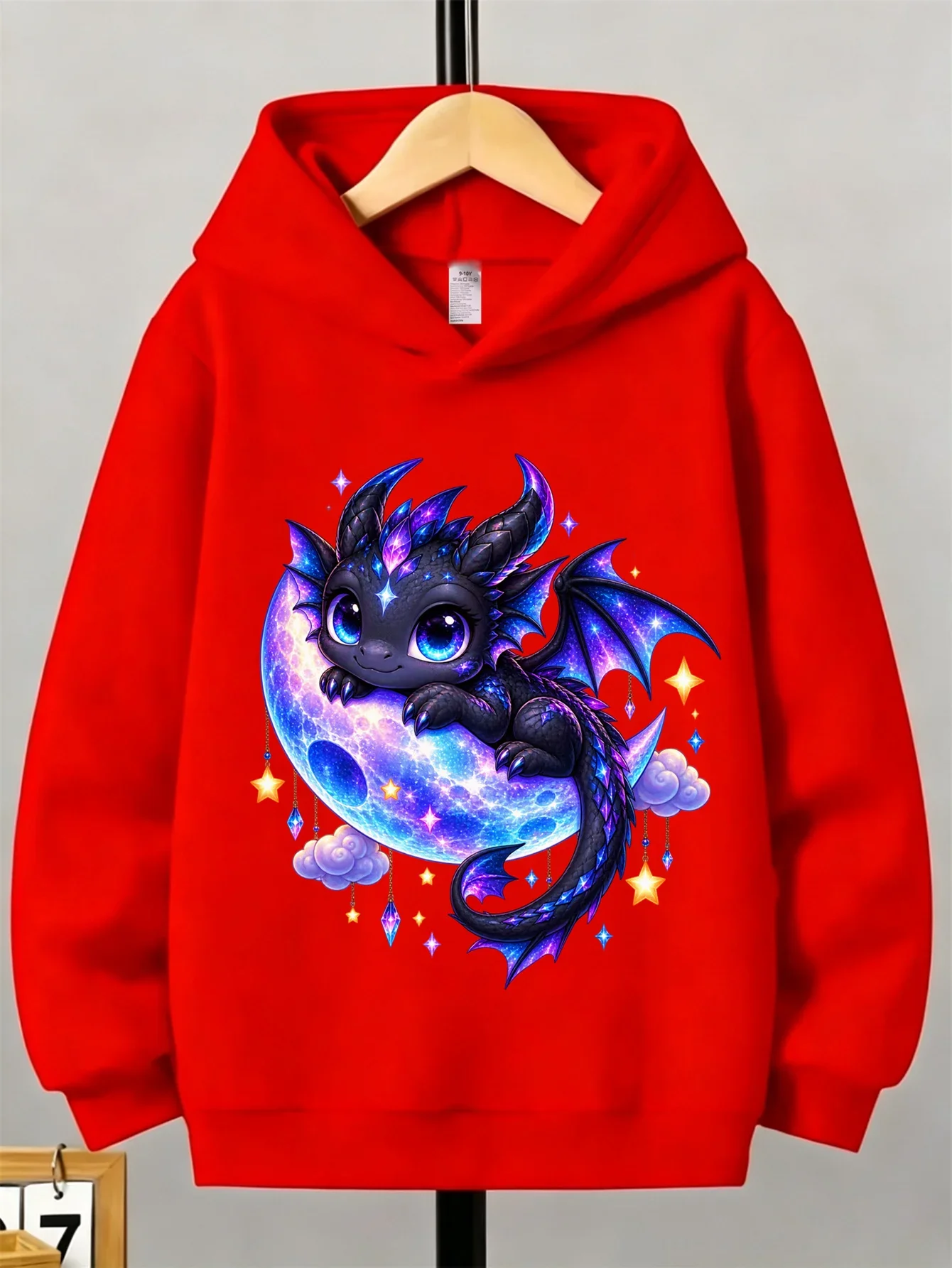 Korean Hot Kids Hoodie Kawaii Purple Blue Starry Moon Dragon Print Unisex Children Hooded Sweatshirt