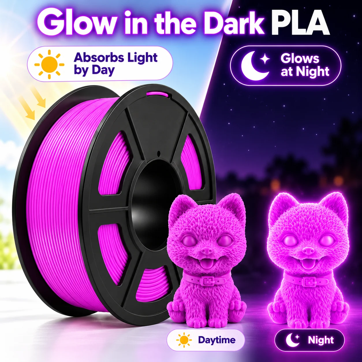 Luminous Purple PLA 3D Filament, Glow in Dark, 1.75mm (0.0689in), 200g, Nozzle 190-210℃, Print Bed 0-60℃ for FDM 3D Printers