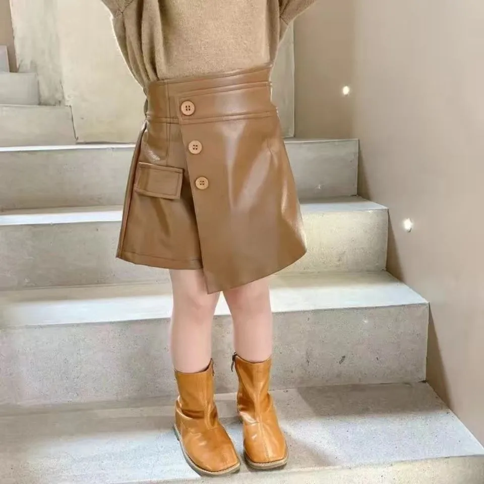 

Girls PU Leather Short Skirt Stylish Half Skirt for Children Trendy Autumn Winter New Style Kids' Fashionable PU Skirt